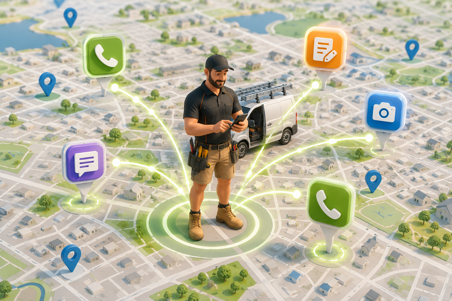 Tradie standing on a local map with calls, quotes, photos and message pins flowing in